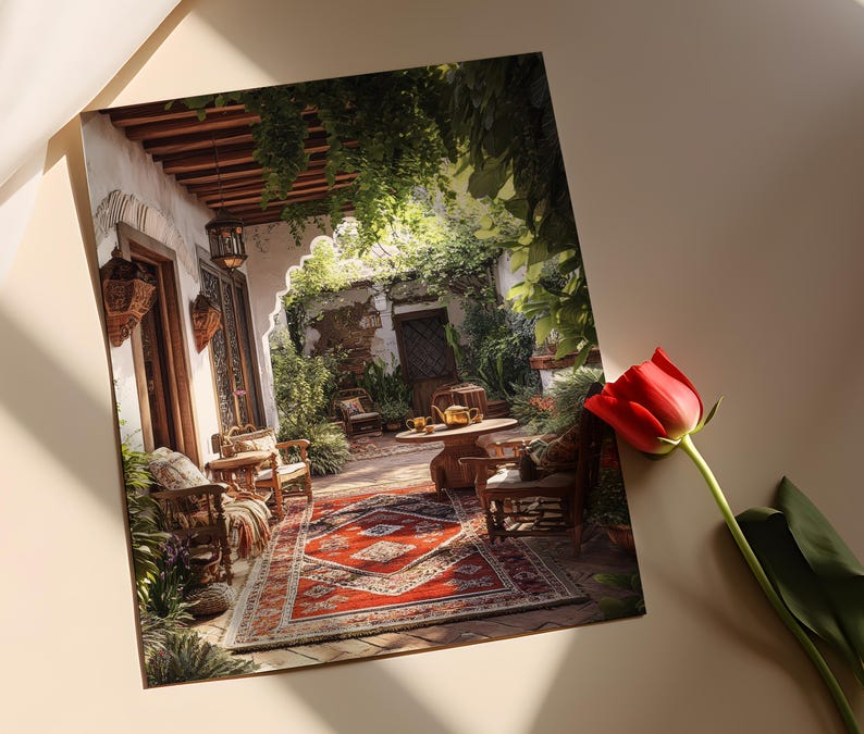 Peshawar Patio Art Print, Kilim Rug and Brass Tea Set Illustration Poster, Traditional Pakistani Courtyard Scene, Cultural Decor Wall Art