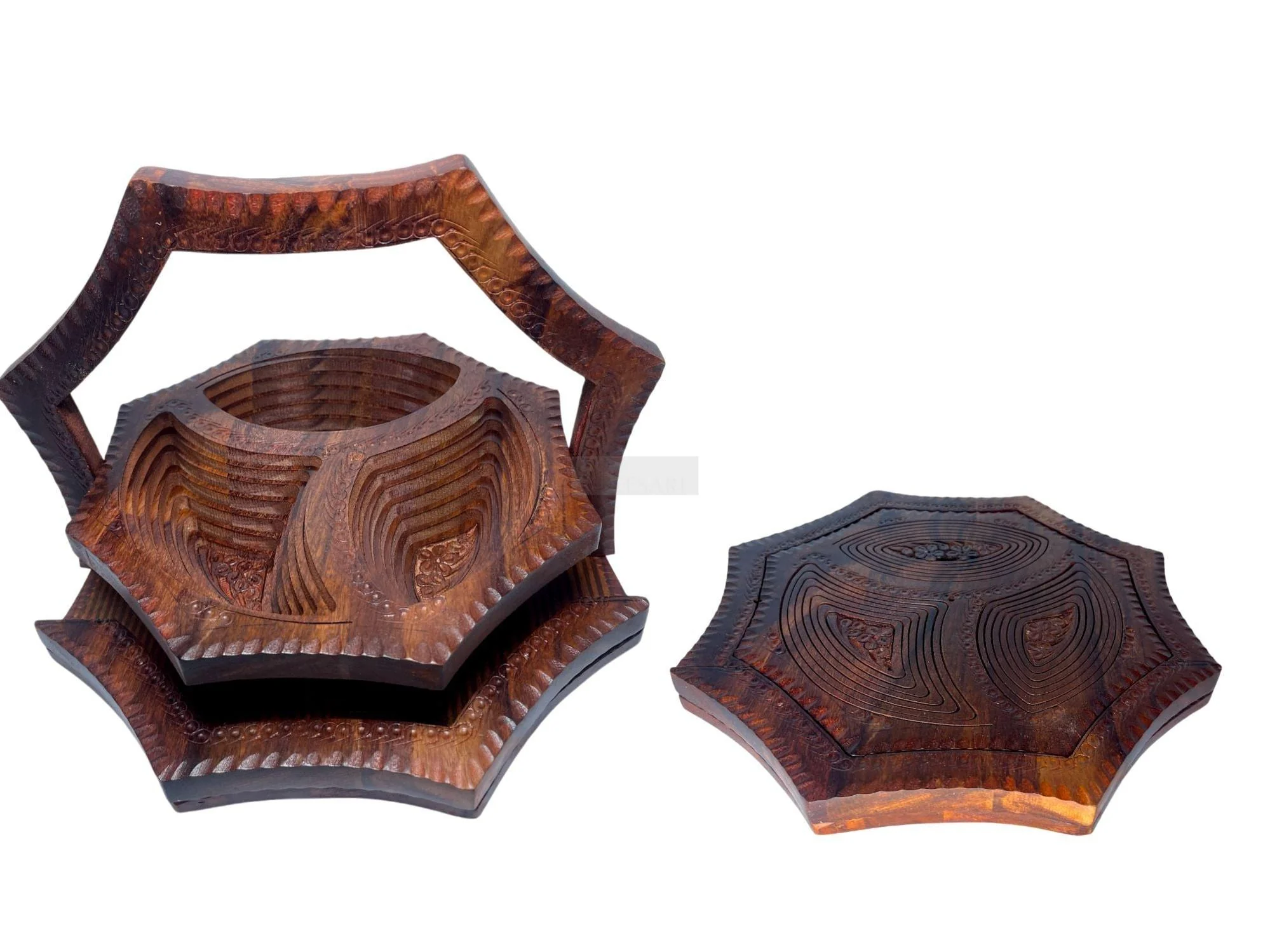 Handcrafted Rosewood Star Shape 3 Portion Foldable Basket