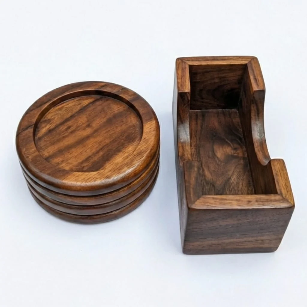 Handcrafted Wooden Coaster Set of 6 with Holder �C Round Rustic Drink Mats, Polished Solid Wood Coasters for Hot & Cold Beverages, Eco-Friendly Gift