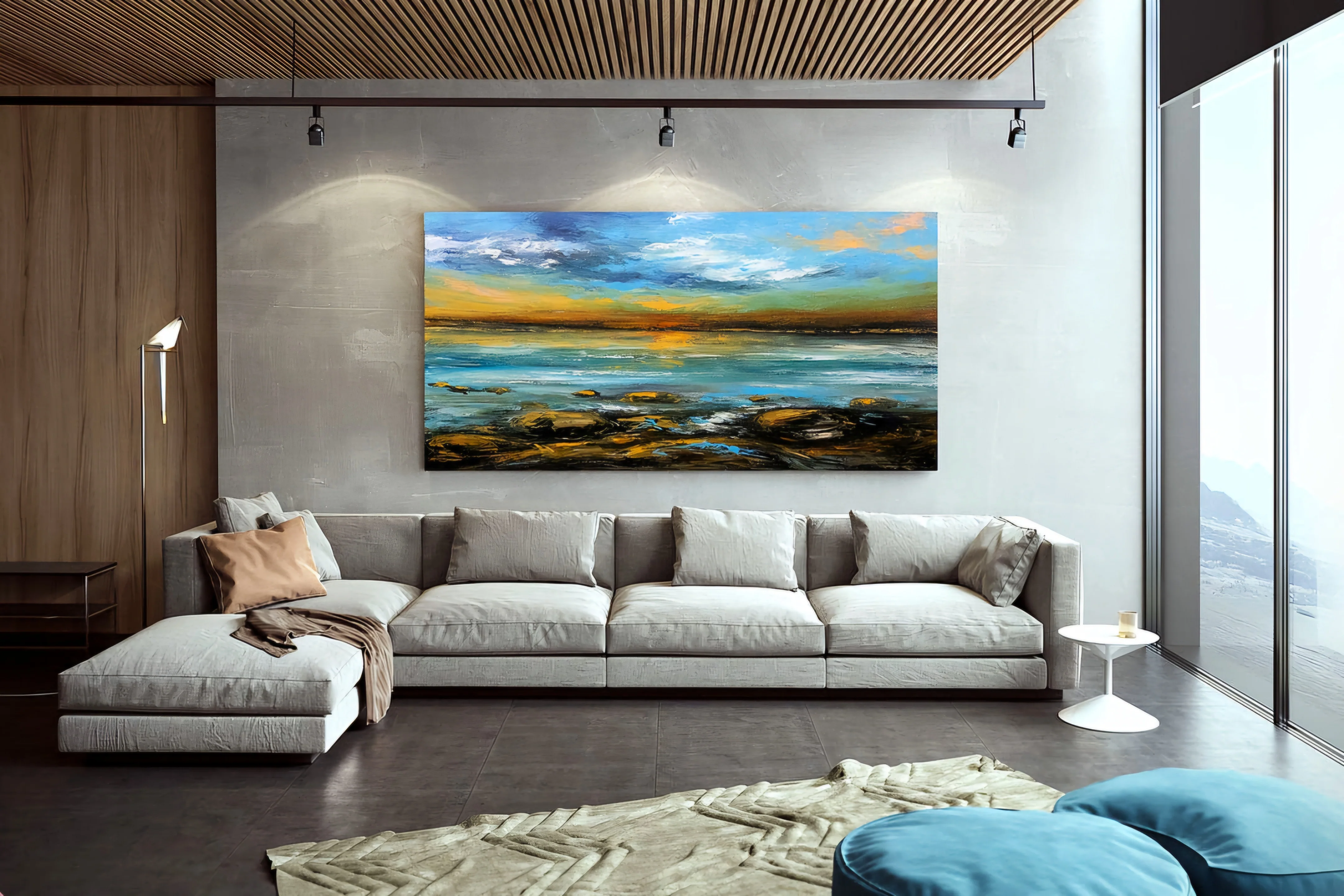 Blue Yellow Sea Palette Knife Textured Painting Original Landscape Painting