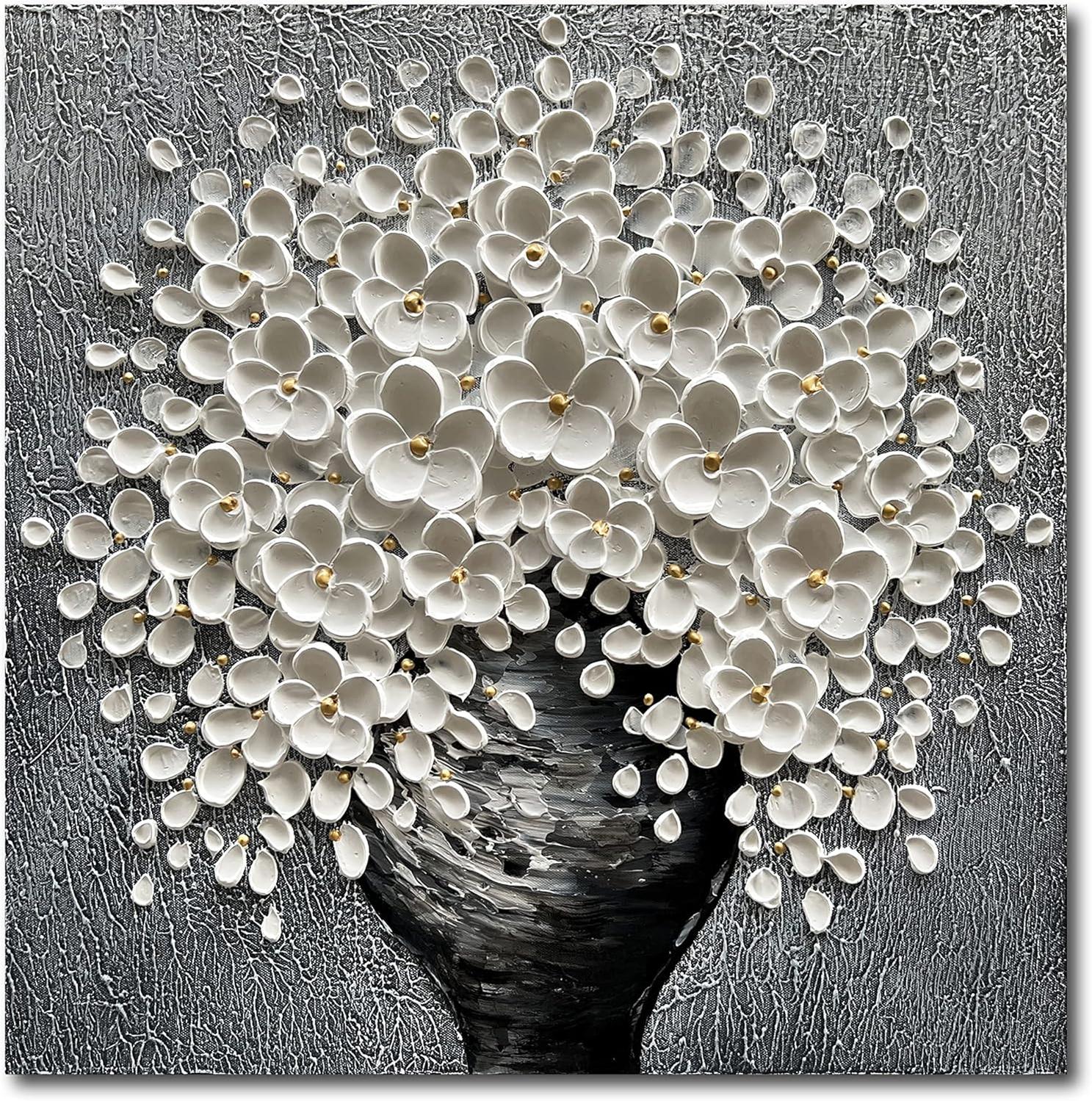 100% Hand-Painted White Flower Art Oil Painting, Modern Home Furnishing Canvas Painting Decoration, 3D Abstract Mural Painting
