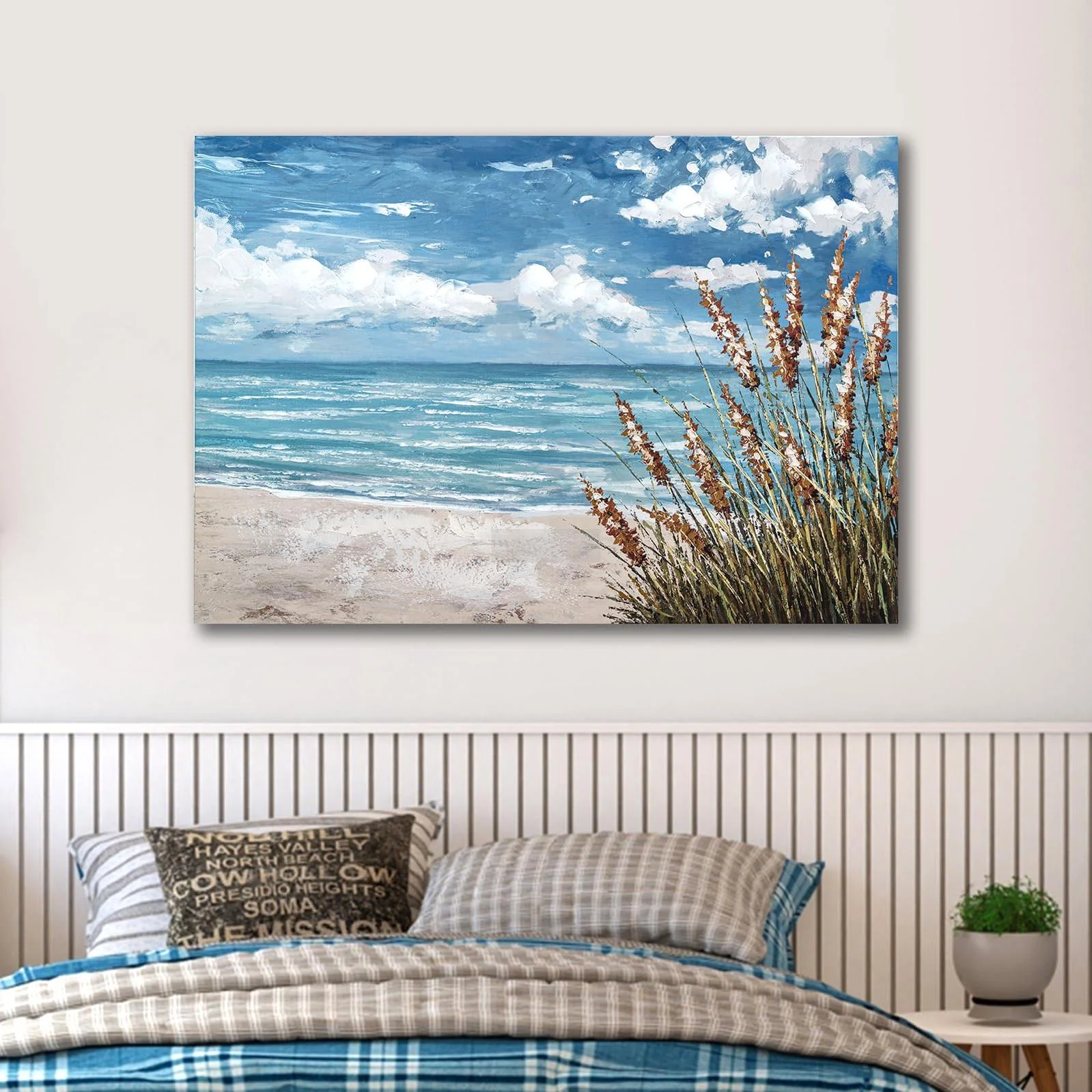 Beach Scene Wall Art, large Blue Ocean Seascape Painting,Seaside weed Coastal Canvas oil Painting Seascape Paintings Artwork for Living Room Bedroom Office Decor