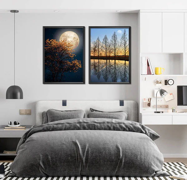 Gorgeous Full Moon in Countryside Trees (2 Panel) Nature Wall Art