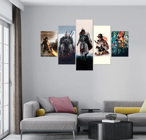 Gaming Characters in Action (5 Panel) Game Wall Art