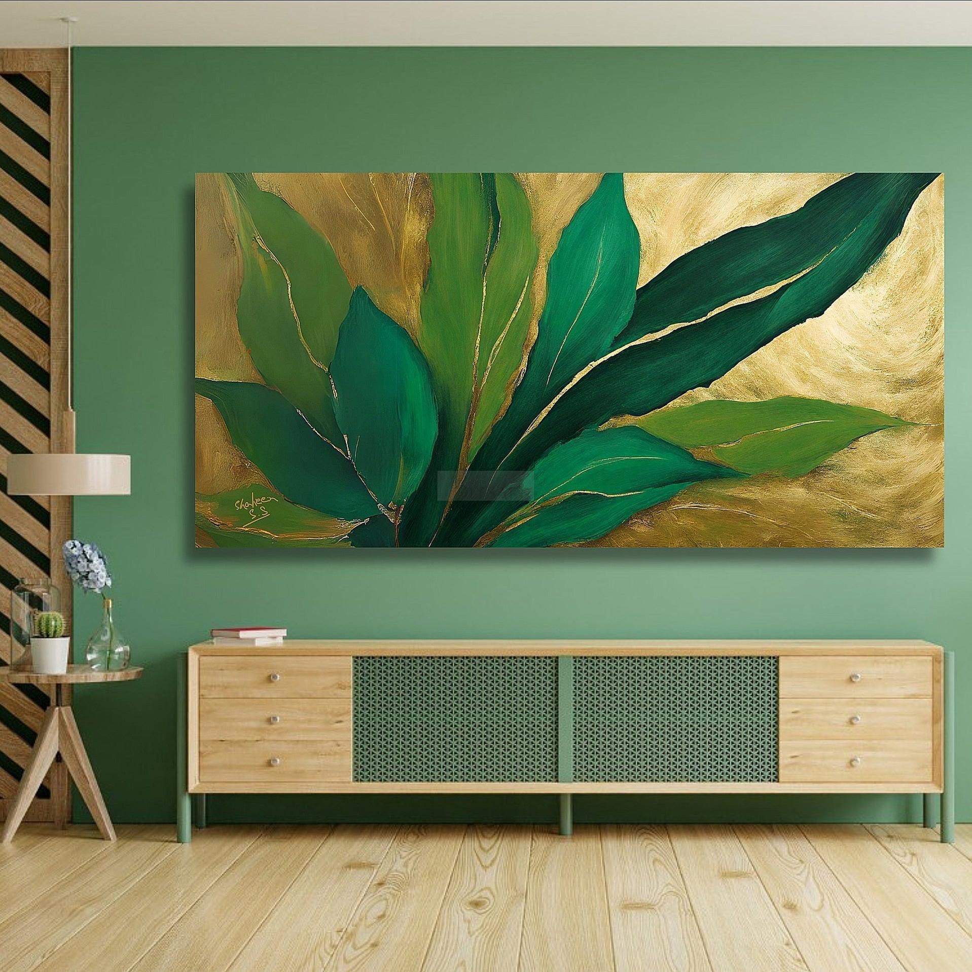 Green Leaf with Gold || Green Abstract Art | Handmade Painting | Home Decor | Wall Decor
