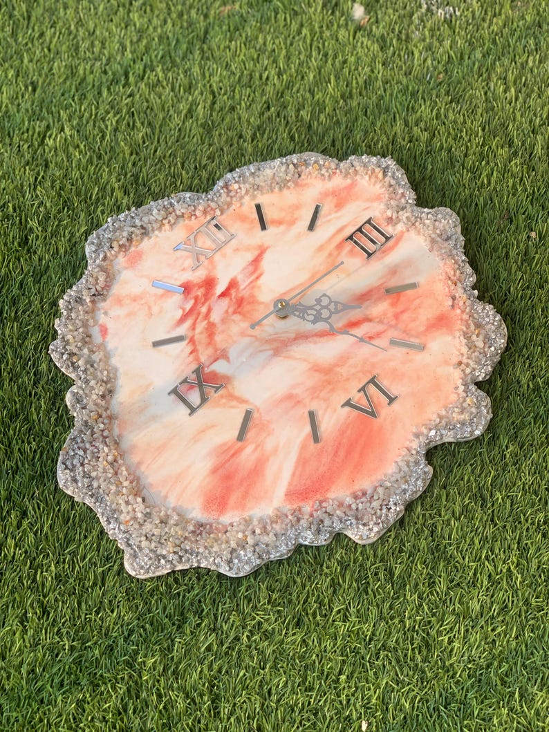 Live Edge Stone Work Resin Wall Clock - Orange Color, Unique Design