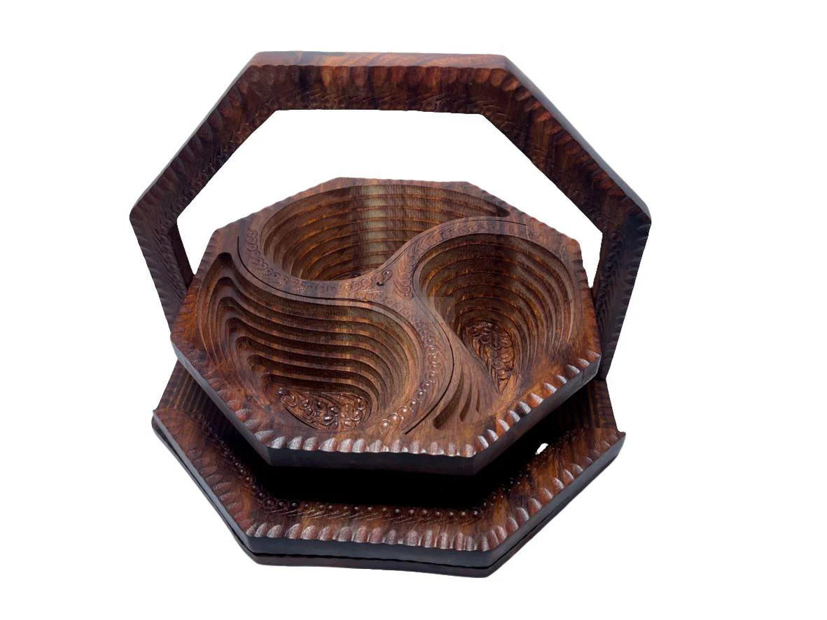 Handcrafted Rosewood Foldable Three-Portion Dry Fruit Basket