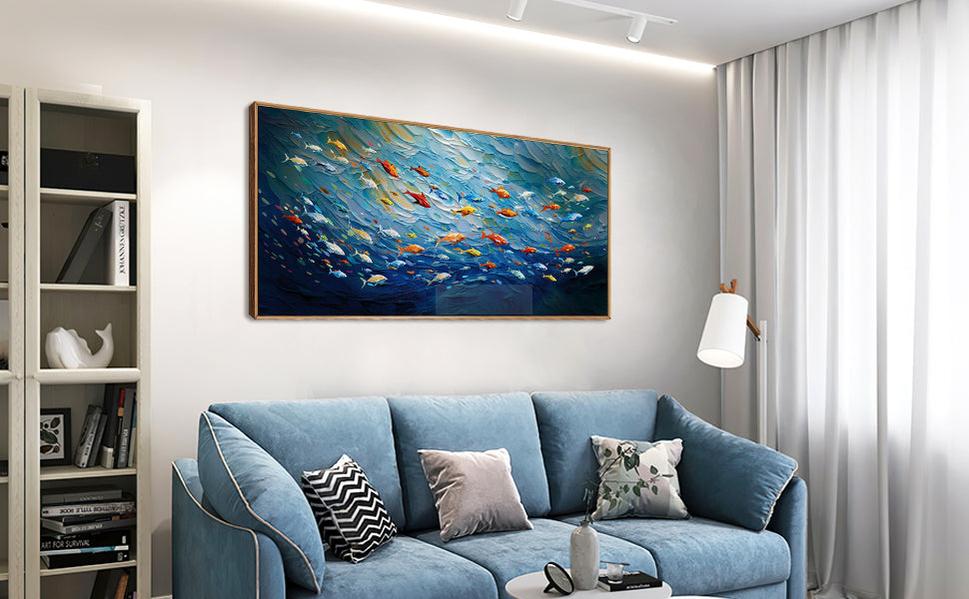 Ocean Fish Sea Framed Canvas Wall Art, Large Under The Sea Fish Oil Painting, Modern Navy Blue Marine Fish Wall Decor, Colorful Fishes Artwork for Living Room, Bedroom, Office,Modern Home Decor
