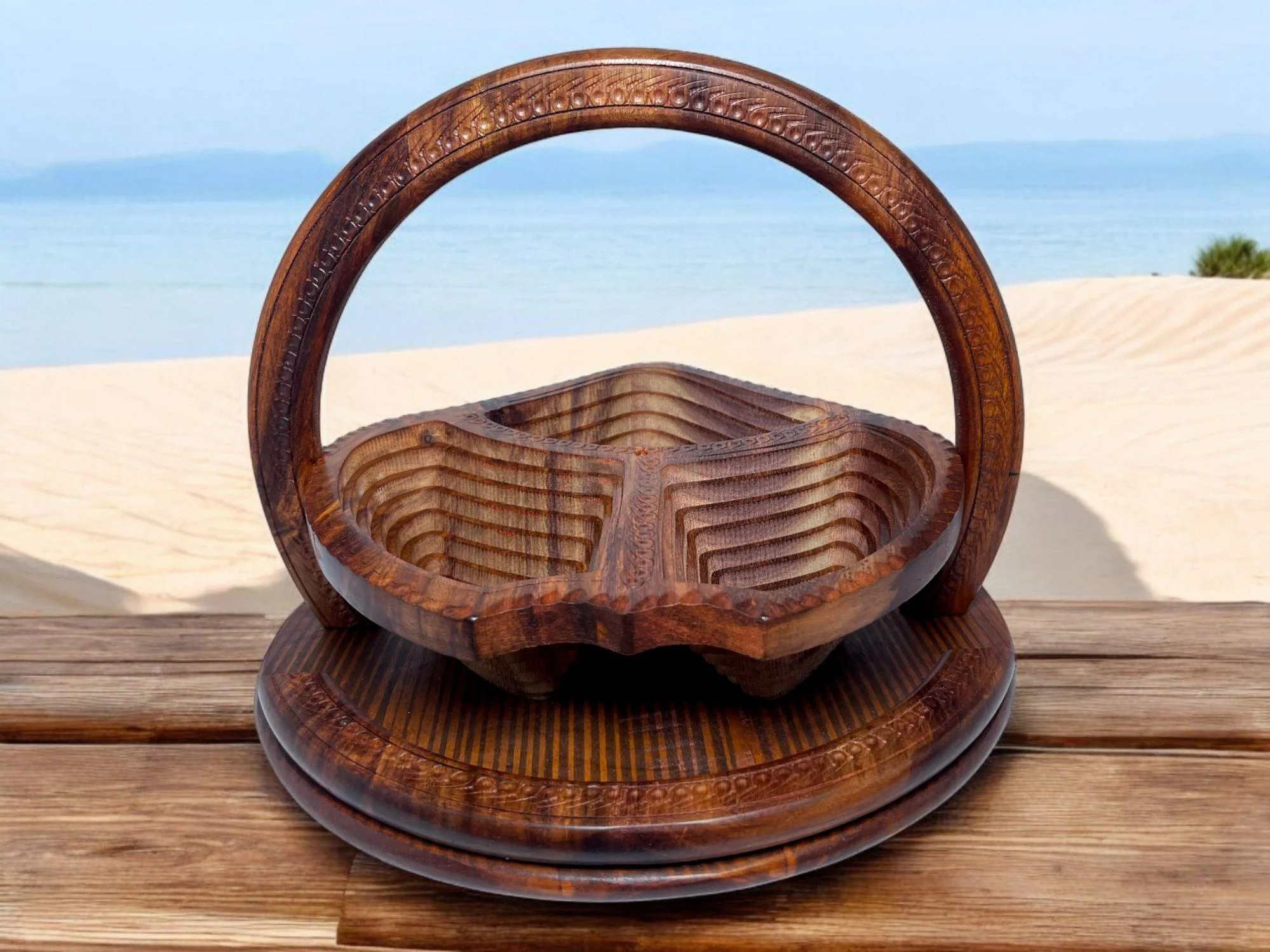 Handcrafted Rosewood Foldable Round Leaf Shape Dry Fruits Basket