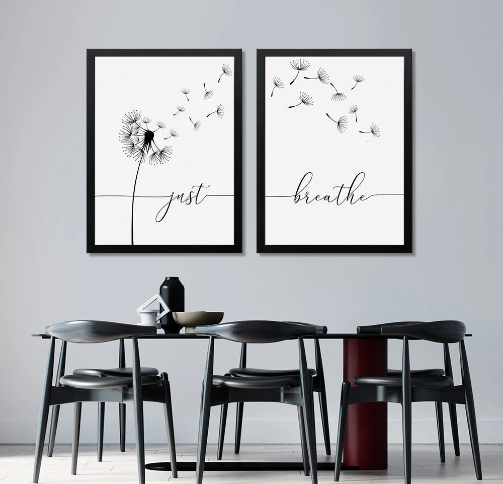 Just Breathe Typography With Minimal Dandelions (2 Panel) Floral Wall