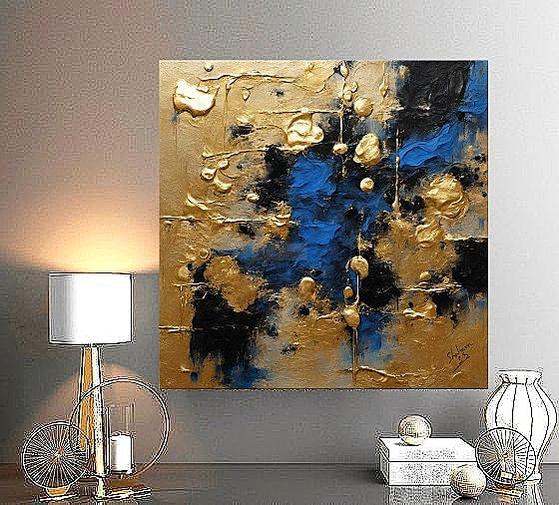 BLUE Abstract Textured Painting with Gold | Handmade Painting | Modern Wall Decor Ready to hang