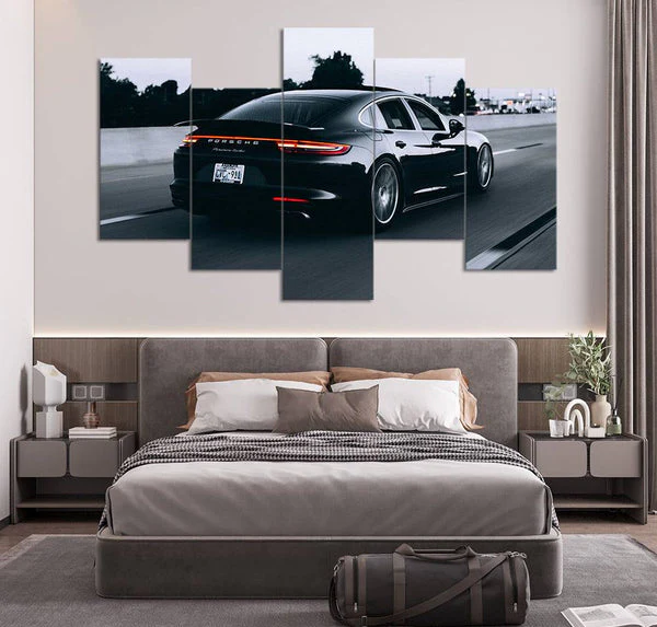 Black Porsche on Road Duotone (5 Panel) Cars Wall Art