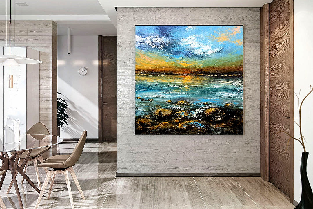 Blue Yellow Sea 3D Textured Palette Knife Painting Original Landscape Painting