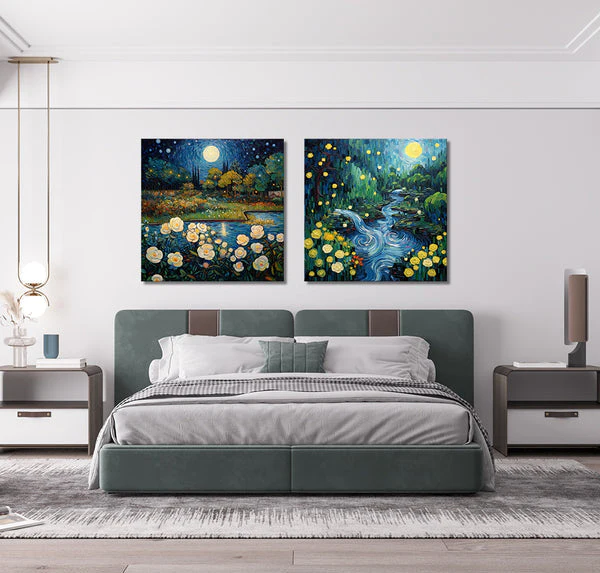 Van Gogh Inspired River Flowing At Midnight (2 Panel) Digital Wall Art