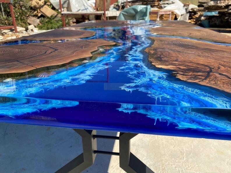 Custom Dark Walnut Wood Ocean Wave Resin Epoxy Table - Handmade Live Edge Furniture