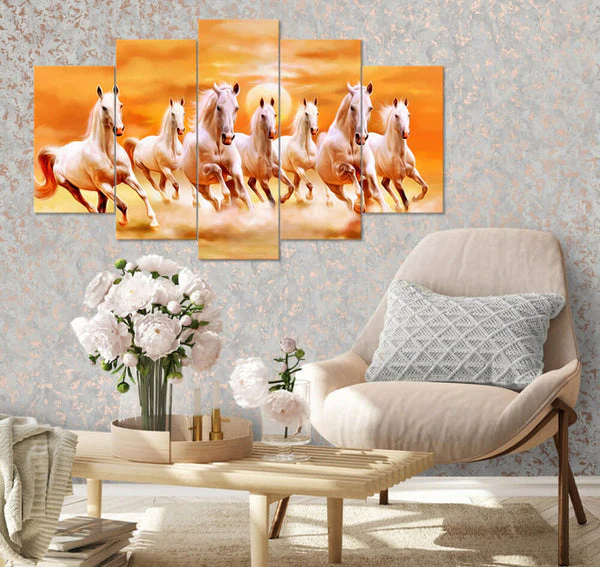 Seven White Horses Running (5 Panel) Animal Wall Art