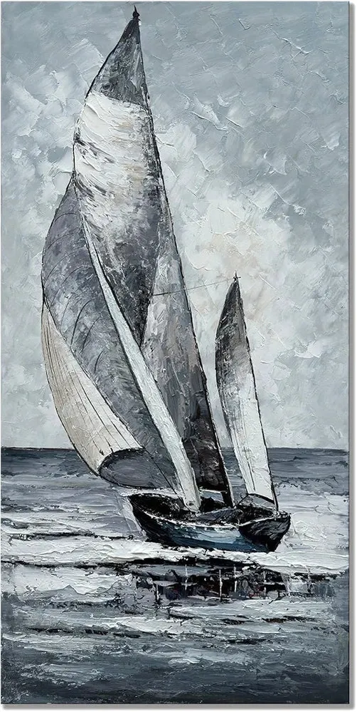 Hand Painted Large Sailboat Canvas Wall Art Abstract Modern Acrylic Oil Painting Vertical Sailing Boat Framed Textured Wall Art Gray Artwork Contemporary Art