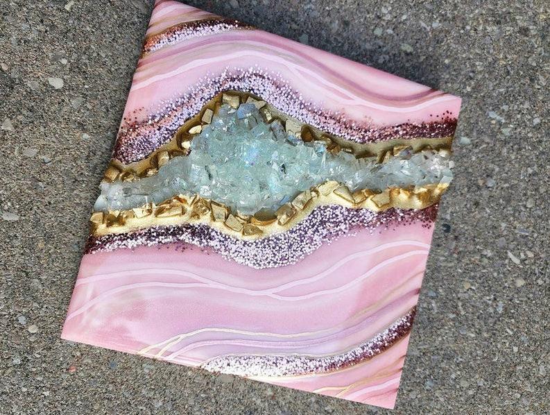 Stunning Small Pink Geode Wall Art with Resin Gold Accents - Perfect Mini Geode Home Decor