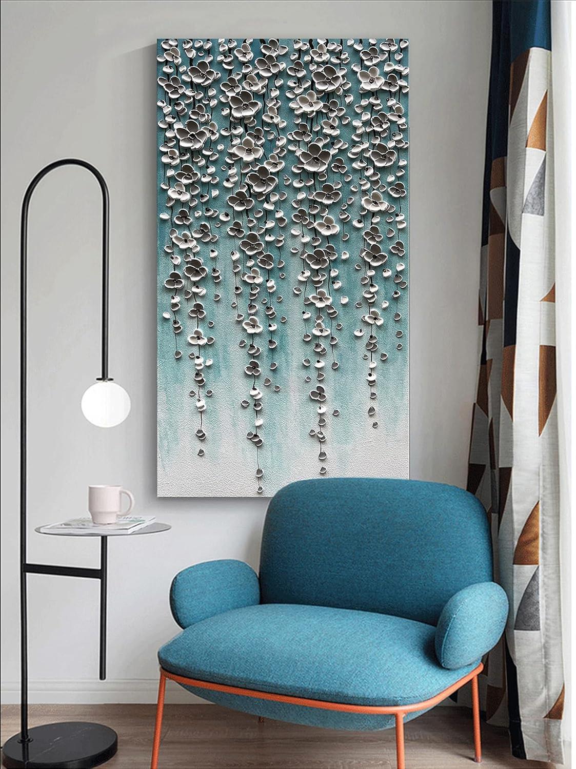 Epicler Large-Scale Oil Painting on Canvas Wall Art, Hand-Painted White Flower Wall Painting, Abstract Canvas Wall Art for Home Wall Decoration