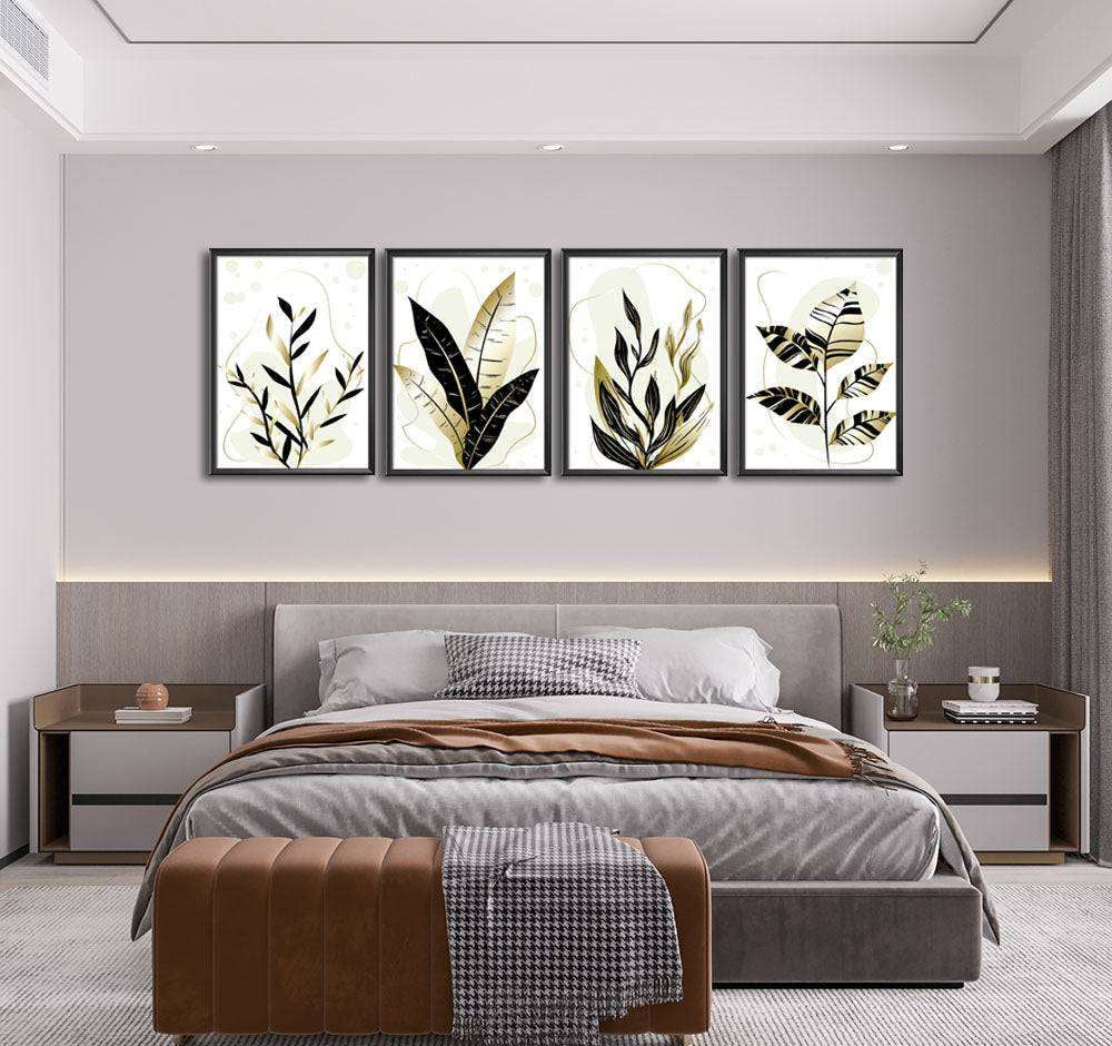 Black & Gold Botanical Leaves (4 Panel) Digital Wall Art