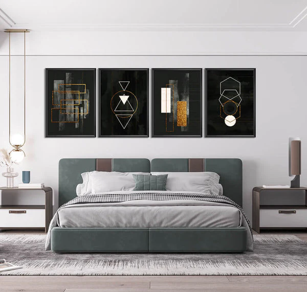 Geometric Gold & White Abstract Shapes On Black Background (4 Panel)