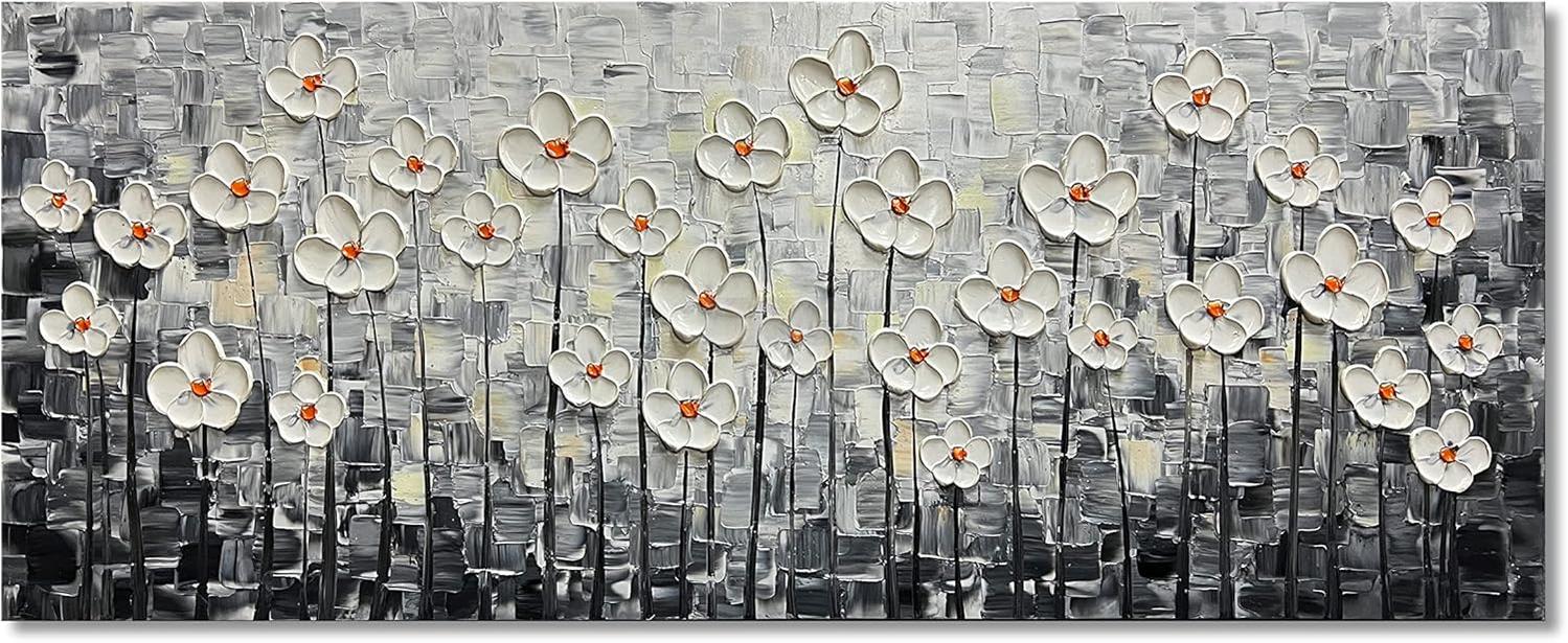 Canvas Wall Art 3D White Floral Oil Painting Bedroom Kitchen Dining Room Office Home Wall Decoration