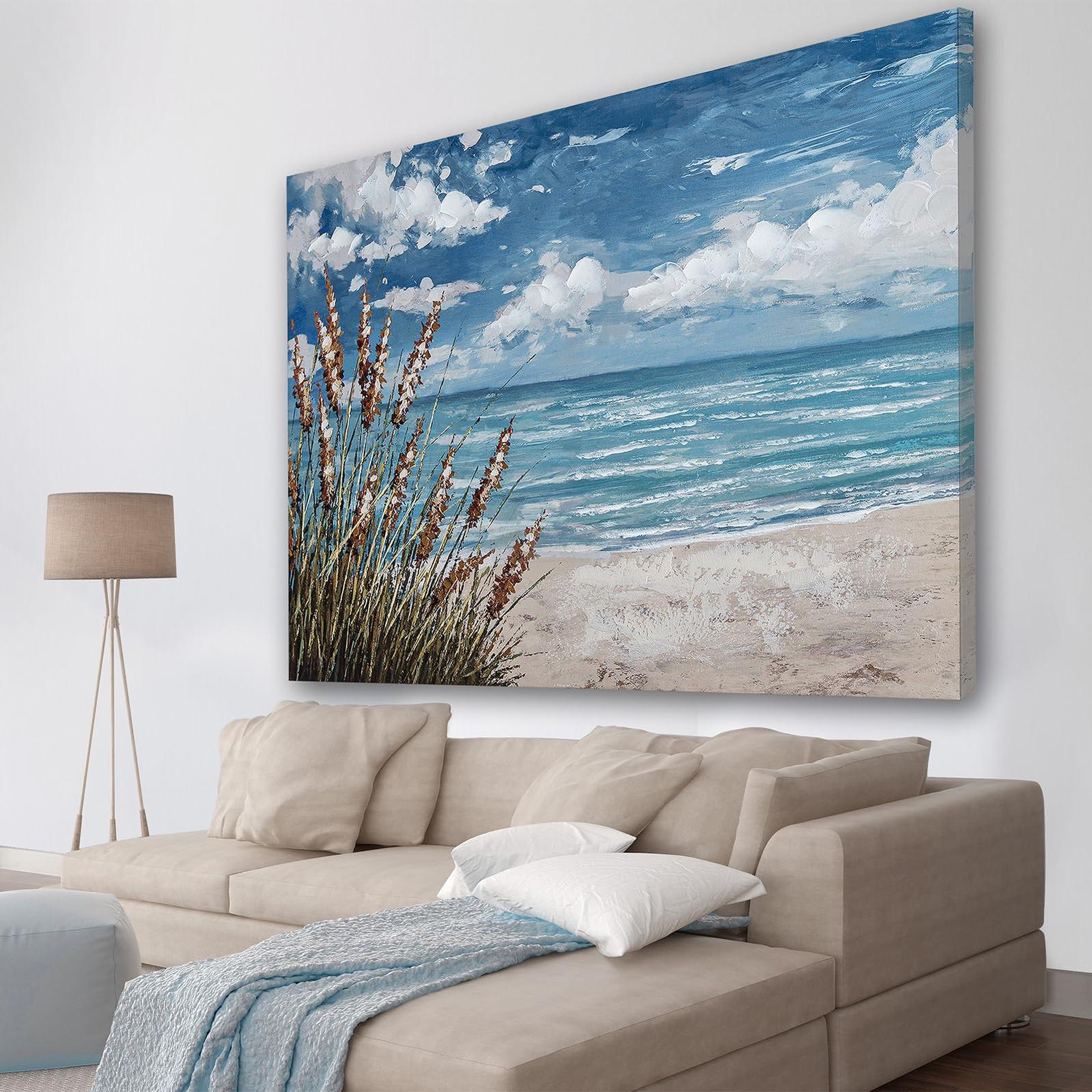 Beach Scene Wall Art, large Blue Ocean Seascape Painting,Seaside weed Coastal Canvas oil Painting Seascape Paintings Artwork for Living Room Bedroom Office Decor