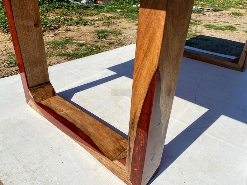 Custom RoseWood Table with Red Metallic Epoxy - Handmade Live Edge Resin Furniture with Special Legs Design