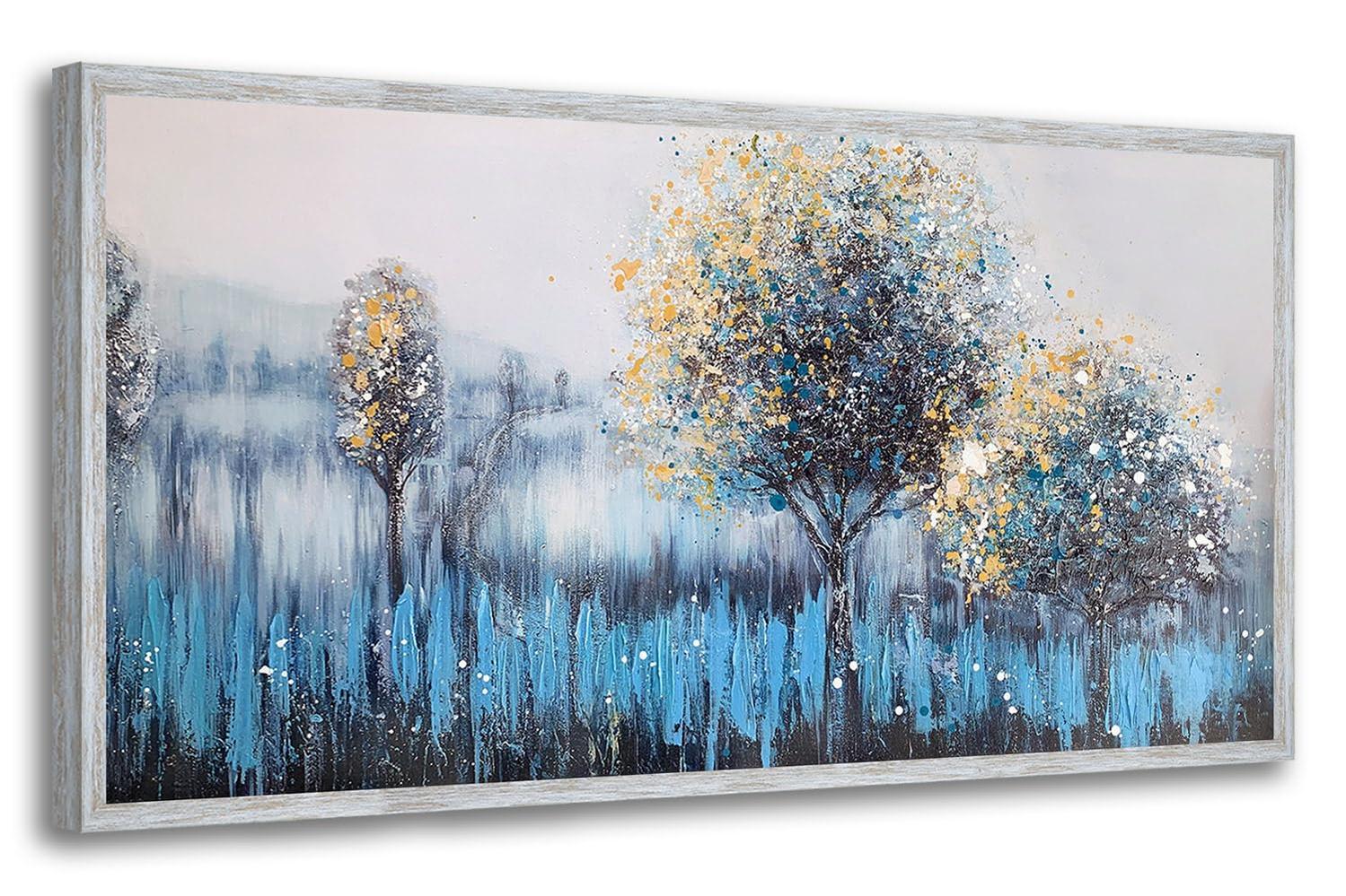 Tree Wall Art Canvas Teal Landscape Painting Blue Forest Textured Modern Panoramic Nature Artwork for Living Room Bedroom Bathroom Home Office Decor