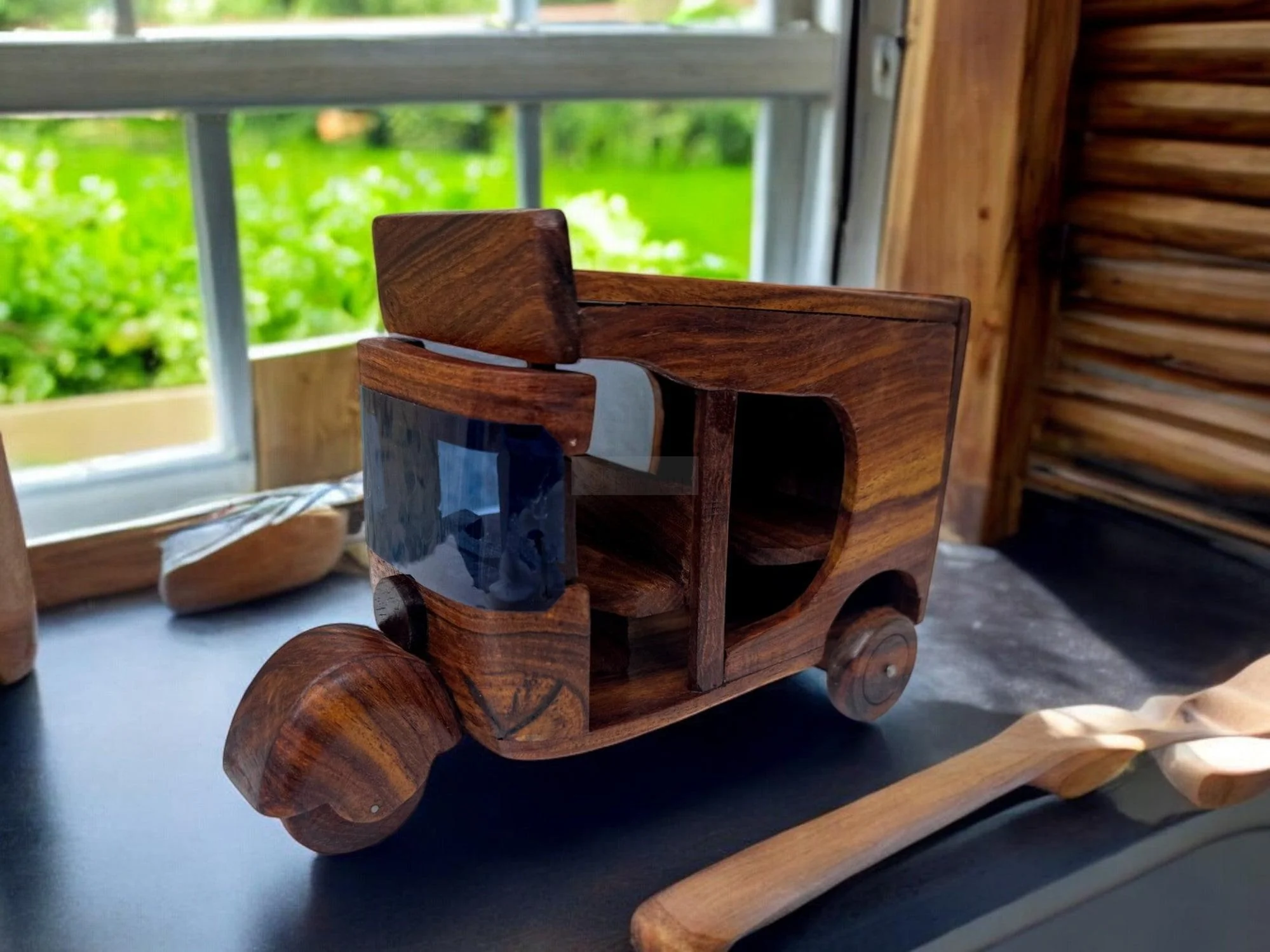 Handcrafted Wooden Rickshaw - Intricate Sheesham Wood Art Piece for Unique Home and Office Decor, Perfect Gift Idea