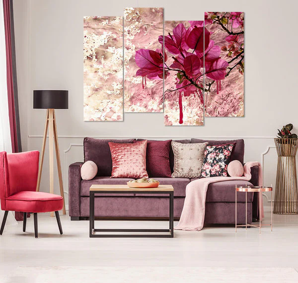 Pink Leaves over Oil Background (4 Panel) Floral Wall Art