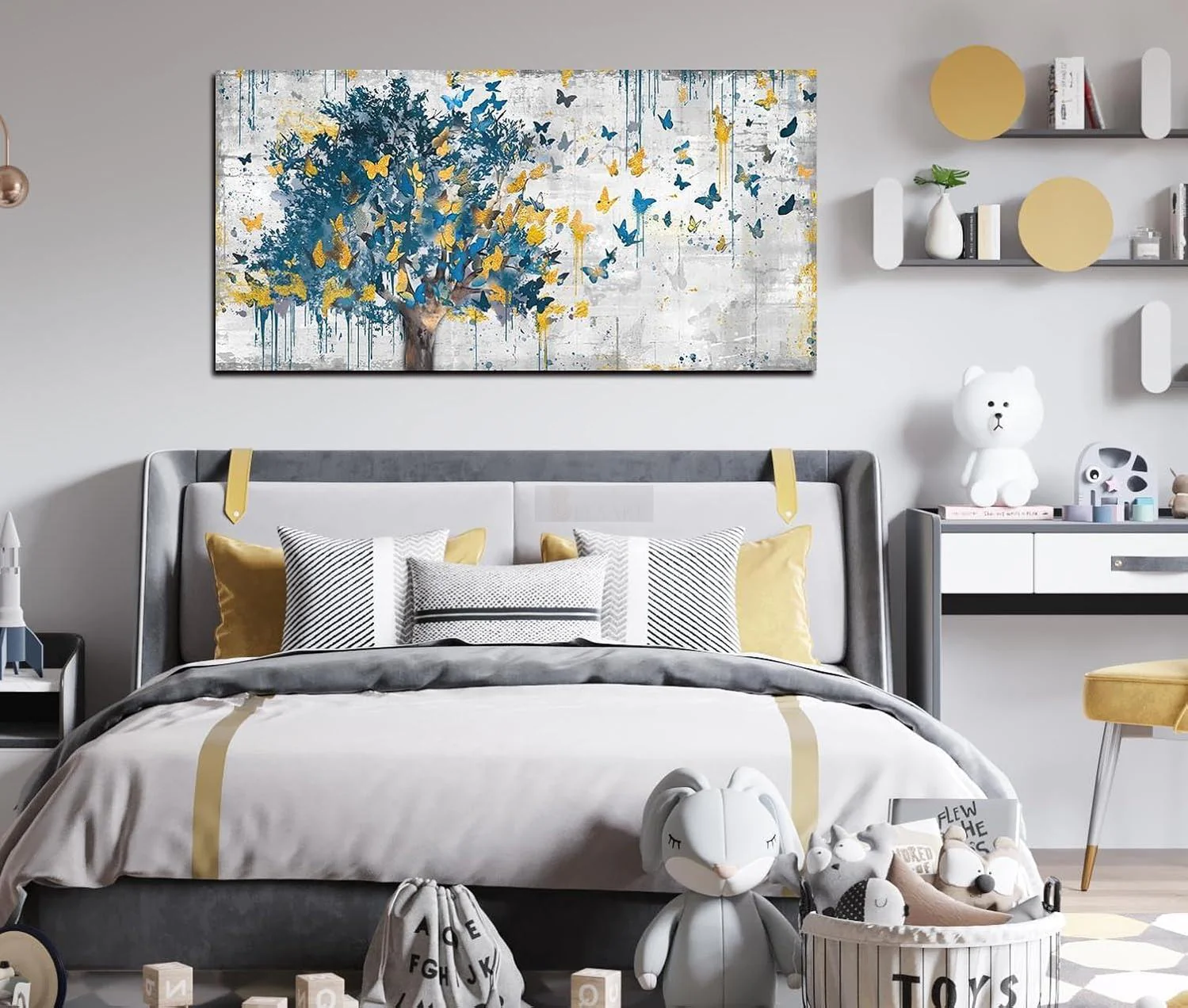Large Canvas Wall Art Blue Tree Golden Butterflies Painting Abstract Grey Graffiti Canvas