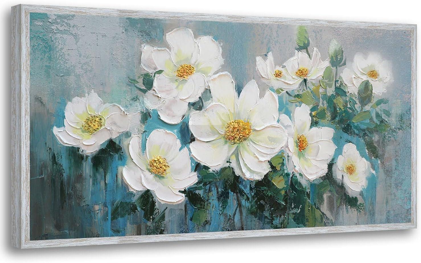 White Flowers Wall Art Canvas Magnolia Teal Floral 3D Textured Painting Gold Turquoise Blue Painting for Living Room Bedroom Bathroom Home Office Wall Decor
