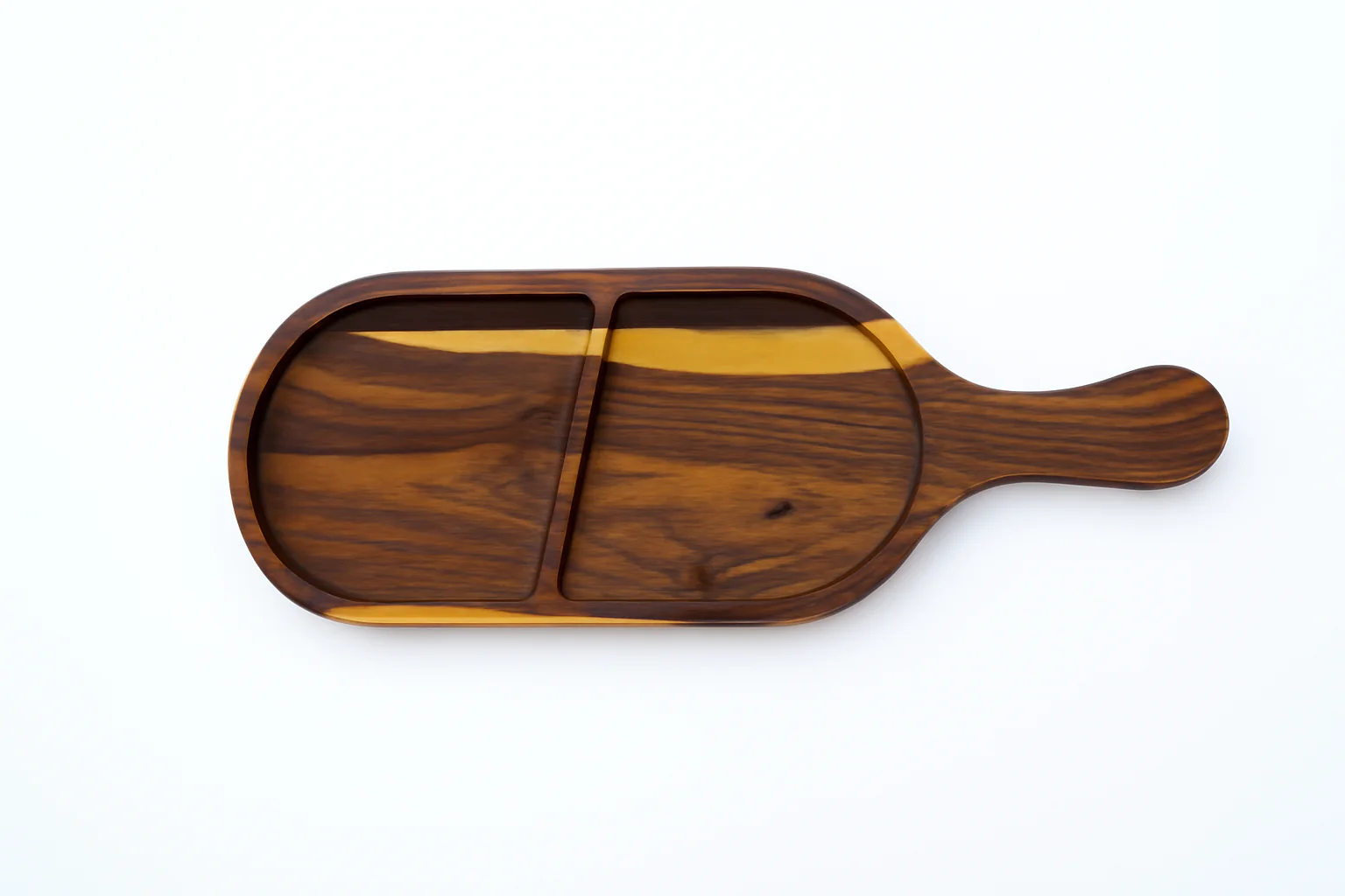 Handmade Wooden Two Portion Serving Tray with Handle �C Rustic Rosewood Snack, Dip, Charcuterie, Cheese & Cracker Tray for Home & Kitchen Entertaining