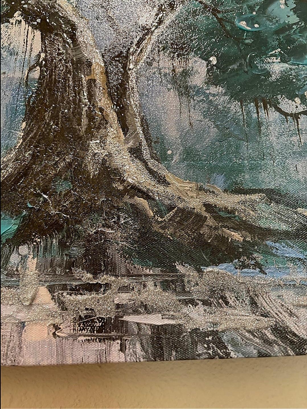 Hand-Painted Tree Canvas Wall Art Teal Tree of Life Landscape Painting Modern Nature Painting, Abstract Blue Artwork for Living Room Bedroom Bathroom Dinning Room Home Office Wall Decor