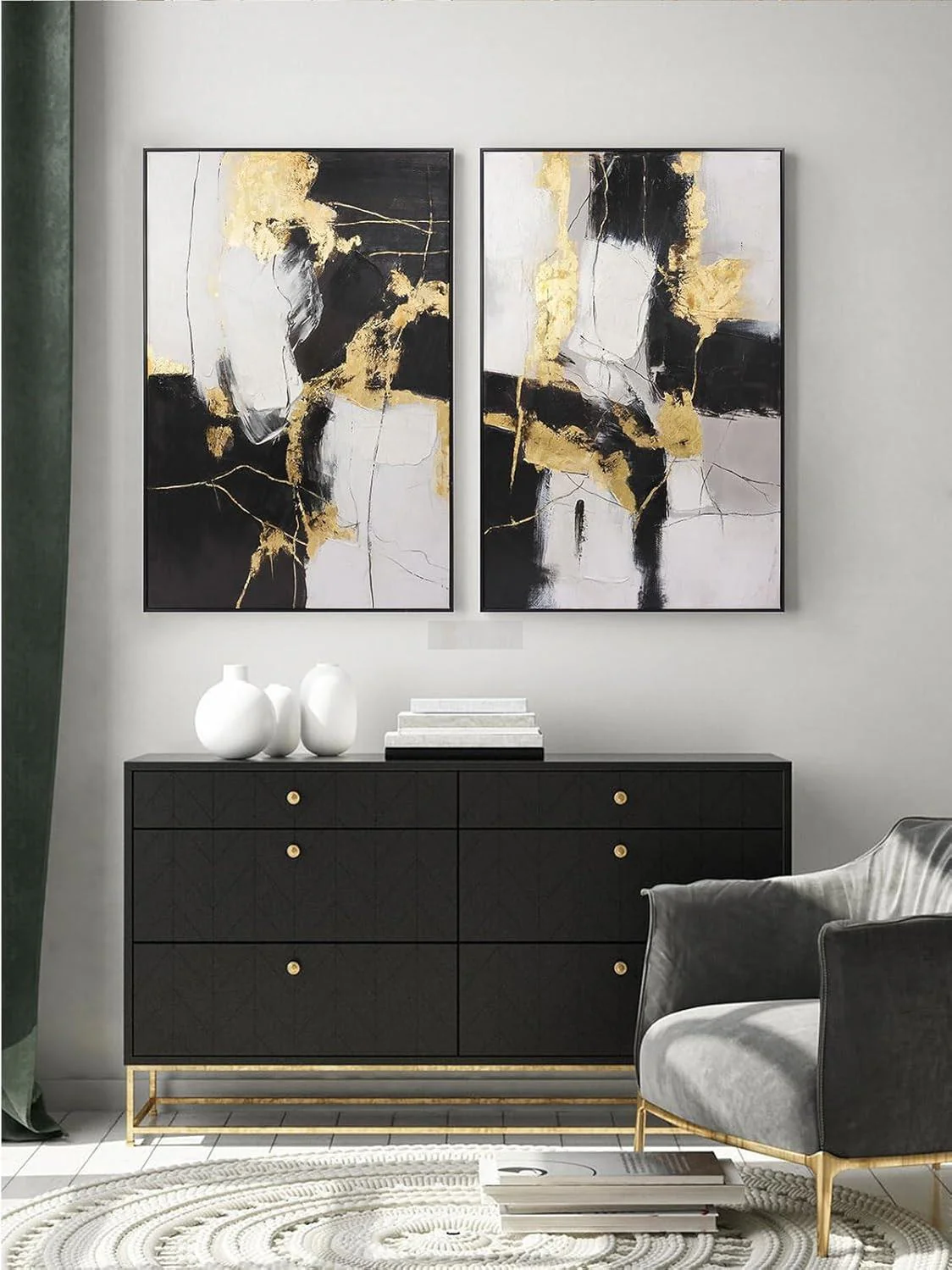 Black and Gold Wall Art Decor - Large Abstract Canvas Wall Art for living room bedroom office
