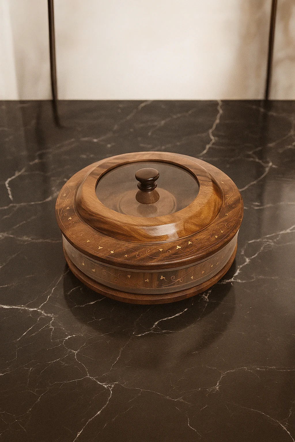 Wooden Dry fruit Basket with Brass Work and Glass Top