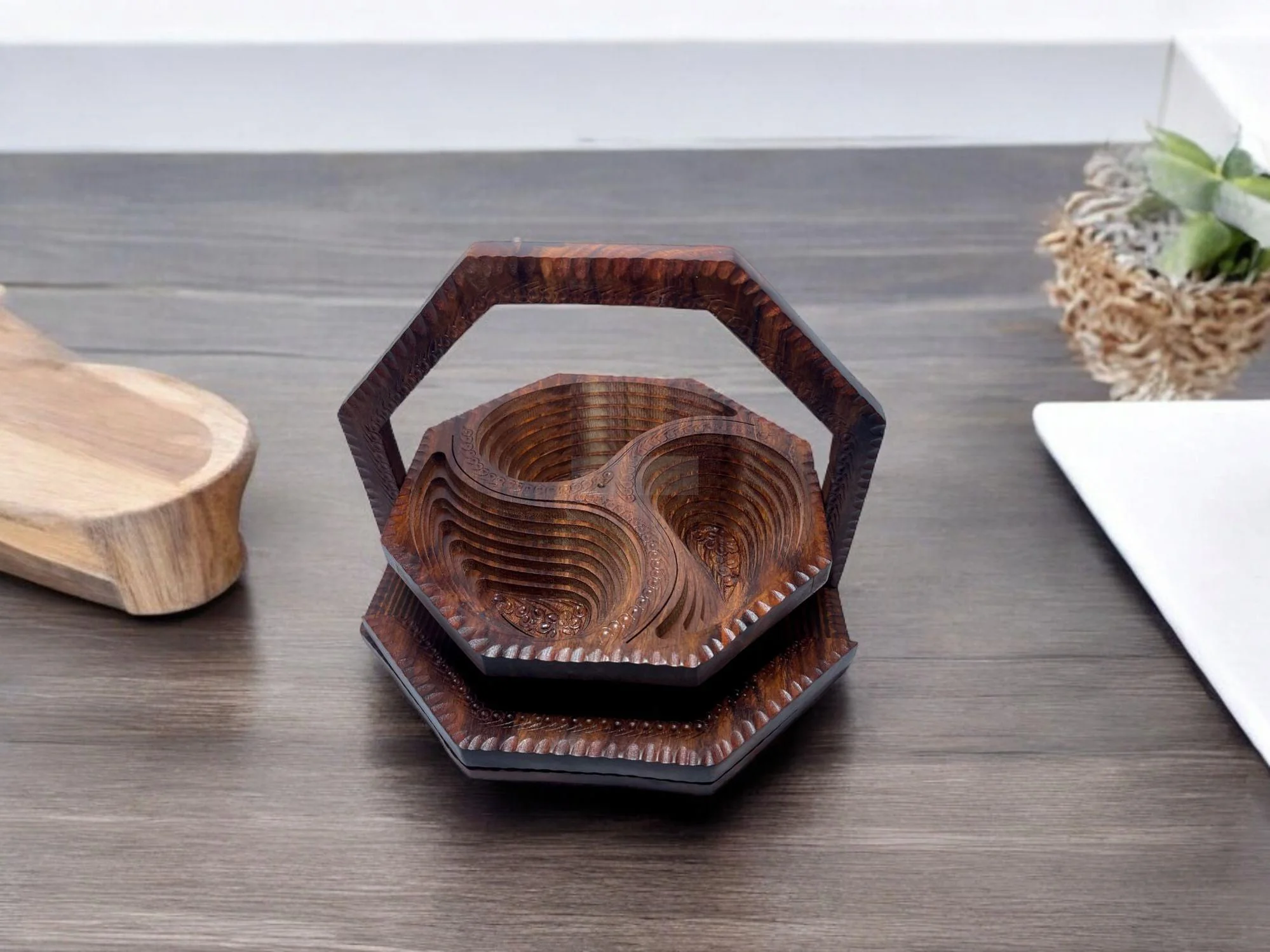 Handcrafted Rosewood Foldable Three-Portion Dry Fruit Basket