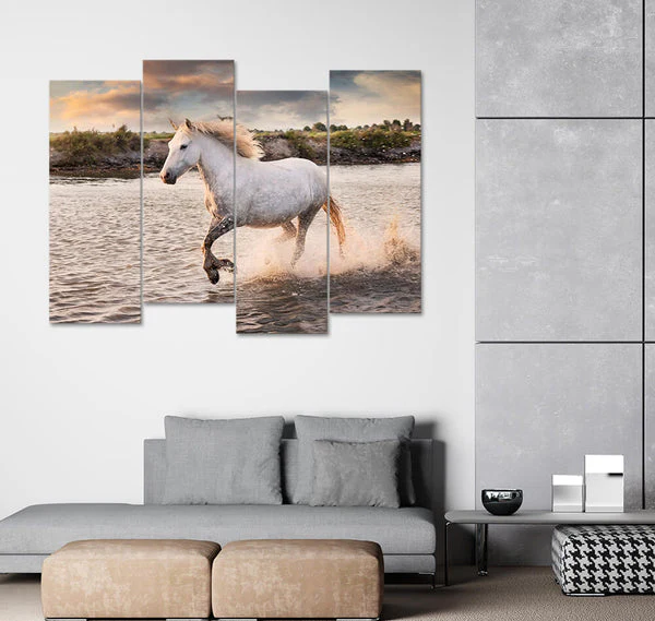 White Horse Running on Beach (4 Panel) Animal Wall Art