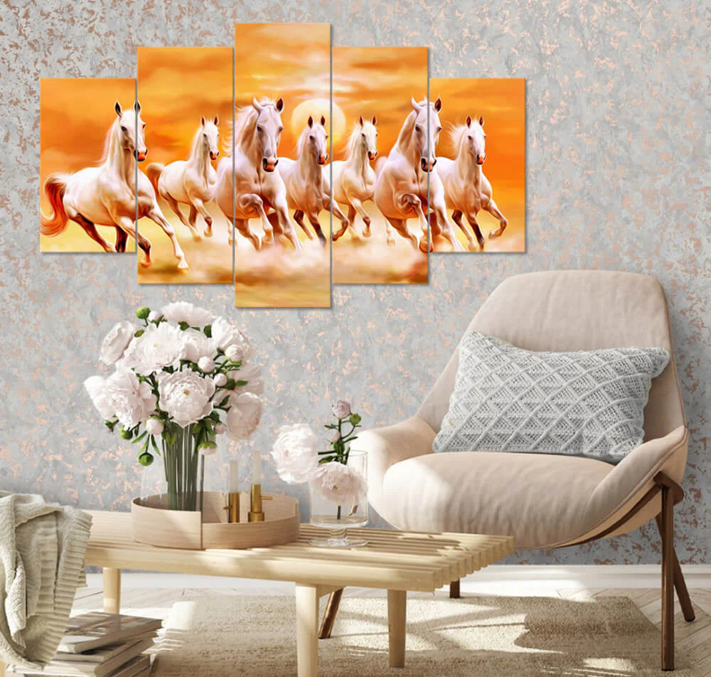 Seven White Horses Running (5 Panel) Animal Wall Art