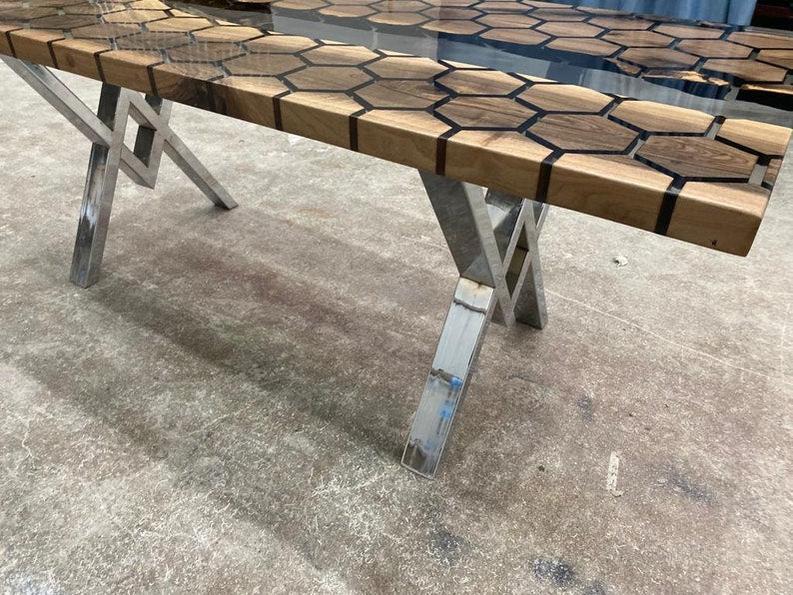 Rosewood Hexagon Honeycomb Design Clear Epoxy Resin Table - Handmade Live Edge Furniture