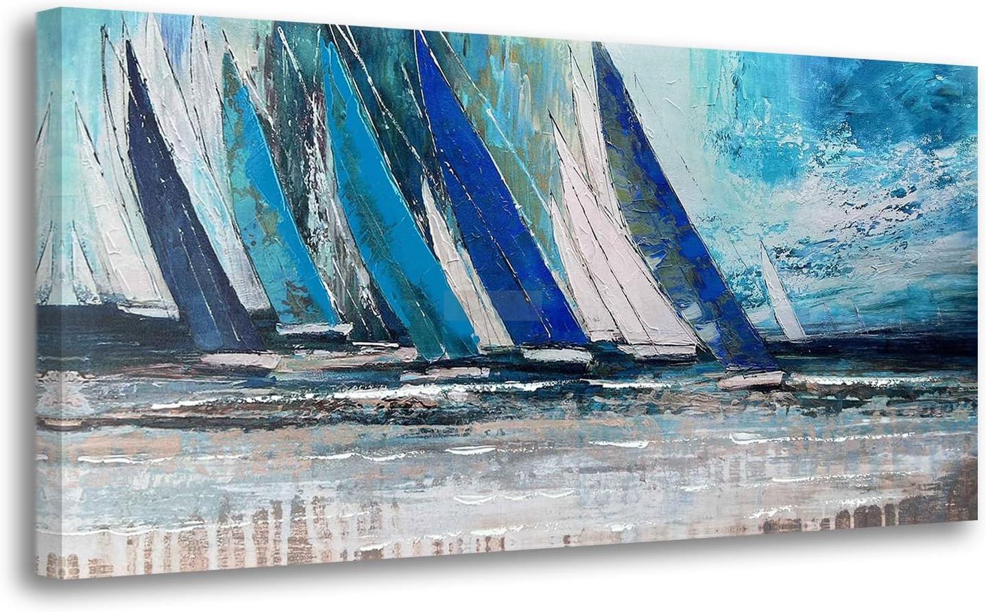 Blue Abstract Wall Art Canvas Teal Ocean Sailboat Modern Turquoise Coastal Nautical Painting Large Textured Artwork for Living Room Bedroom Bathroom Home Office Wall Decor