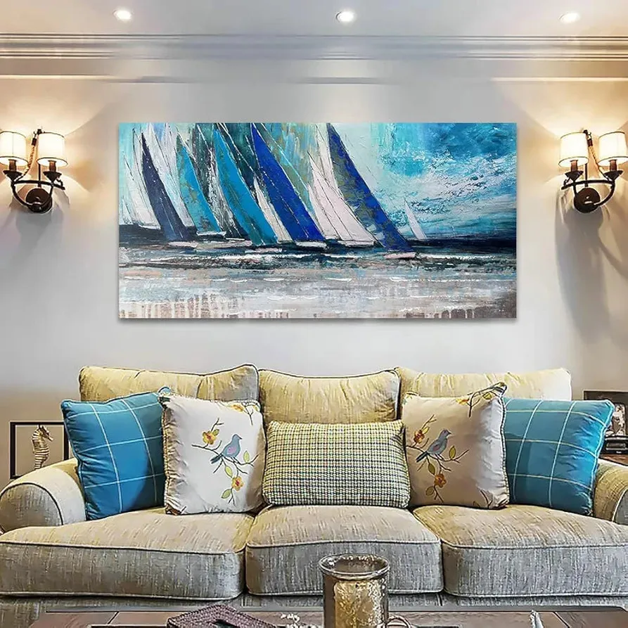 Blue Abstract Wall Art Canvas Teal Ocean Sailboat Modern Turquoise Coastal Nautical Painting Large Textured Artwork for Living Room Bedroom Bathroom Home Office Wall Decor