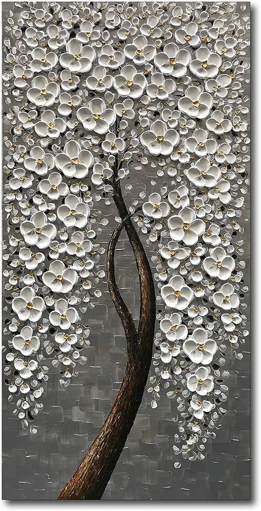 Epicler 100% Hand-Painted Flower Tree Mural, 3D Vertical Abstract Oil Painting, White Flower Art Wall Decoration, Living Room, Bedroom, Dining Room Mural