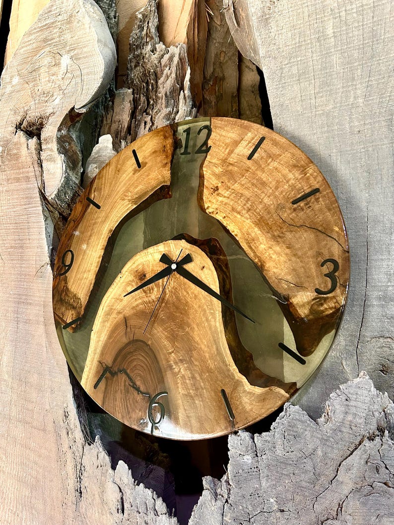 Unique Wooden Clock with Minimalist Transparent Resin Design