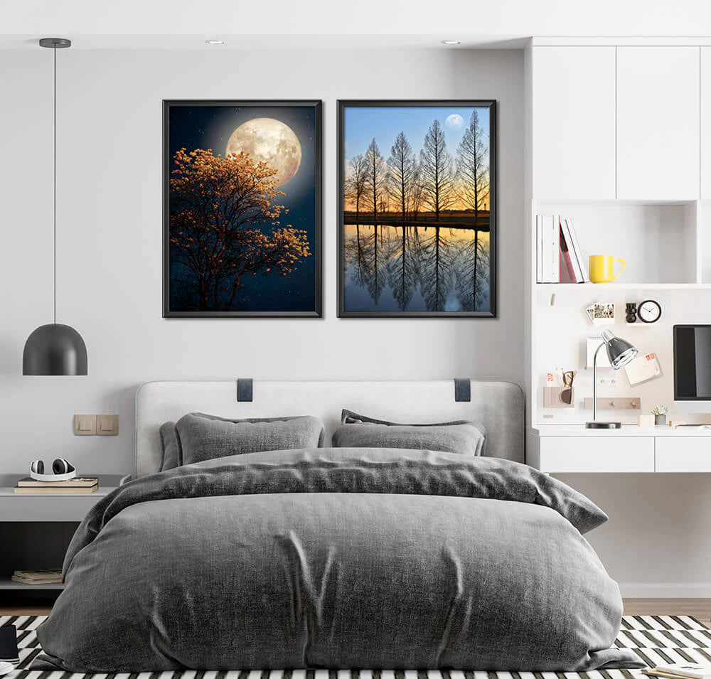 Gorgeous Full Moon in Countryside Trees (2 Panel) Nature Wall Art