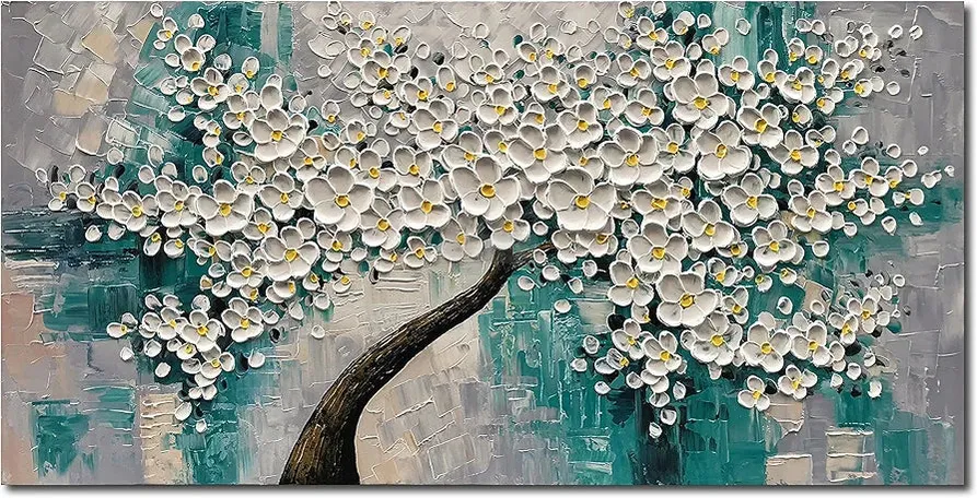3D Abstract Art Oil Painting White Flower Tree Painting Textured Palette Knife White Flower Painting Modern Canvas Wall Art