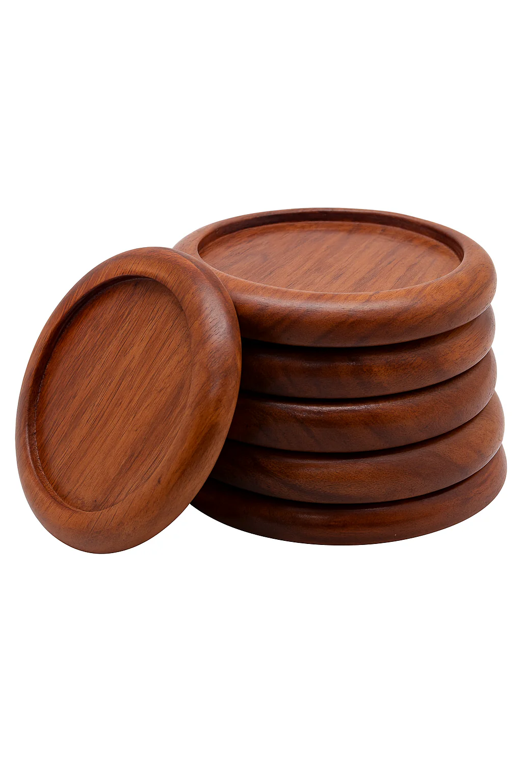 Handcrafted Wooden Coaster Set of 6 with Holder �C Round Rustic Drink Mats, Polished Solid Wood Coasters for Hot & Cold Beverages, Eco-Friendly Gift