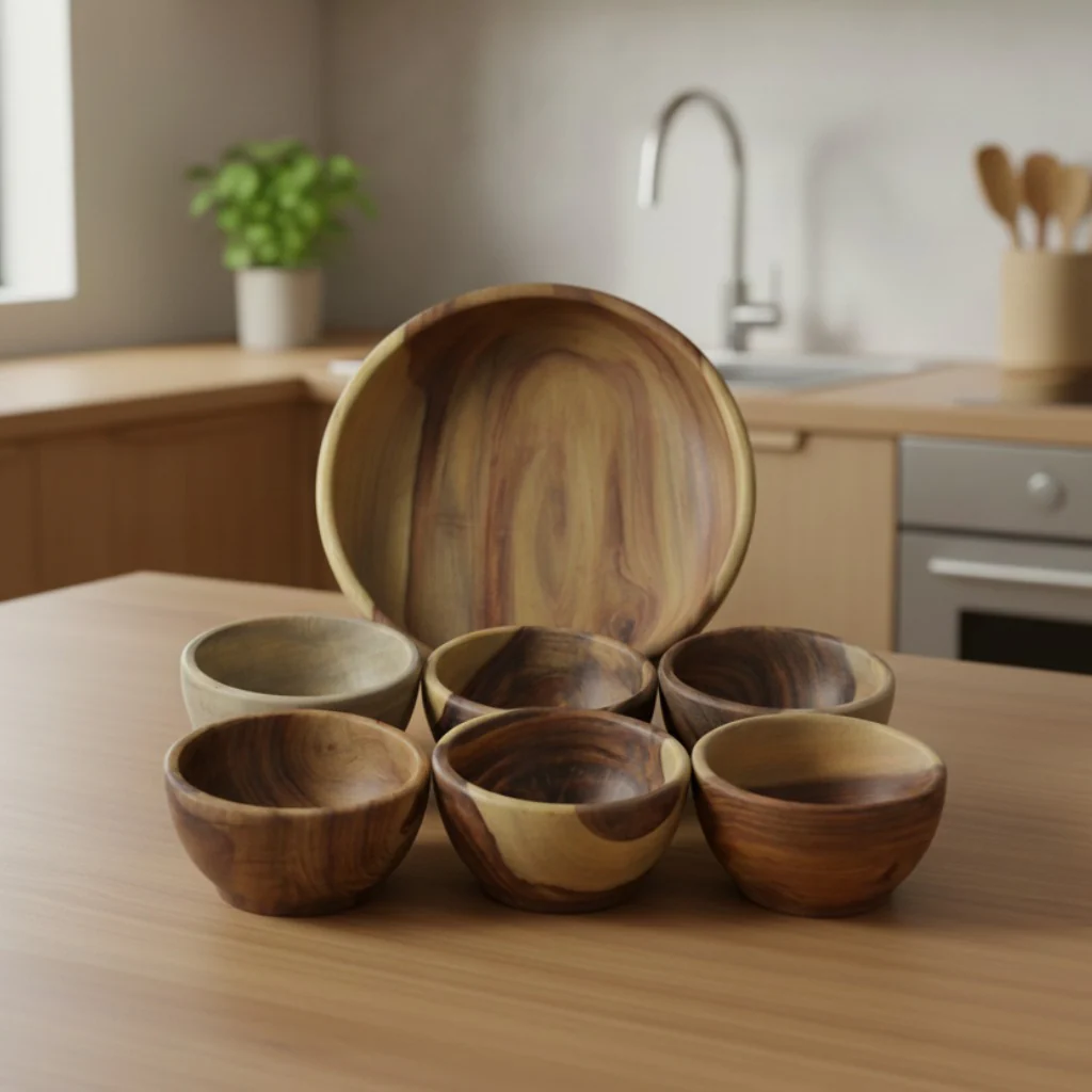 Handcrafted Wooden Salad Bowl Set of 7 Without Polish | Natural Wood Serving Bowls for Parties, Snacks & Dining Table