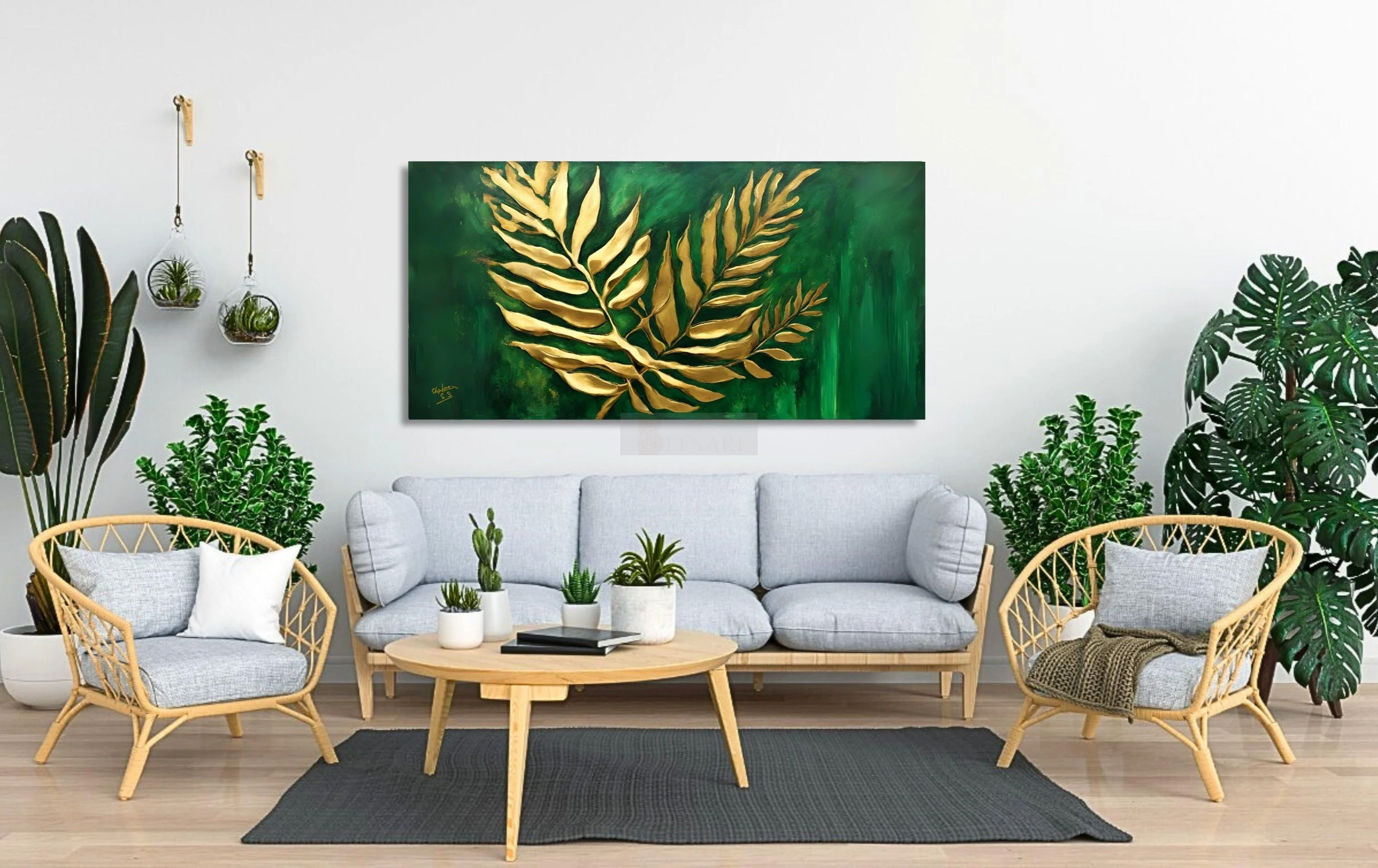 3D Textured Golden Leaf | Tropical Green Art | Abstract Art | Handmade Painting | Home Decor | Wall Decor